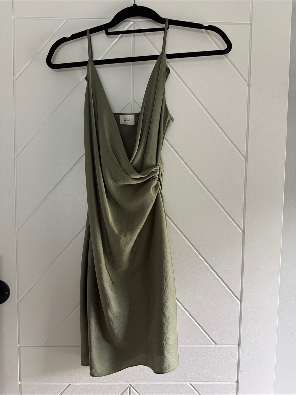Wilfred Aritzia Draped Satin Faux Wrap Mini Dress Olive Green XS